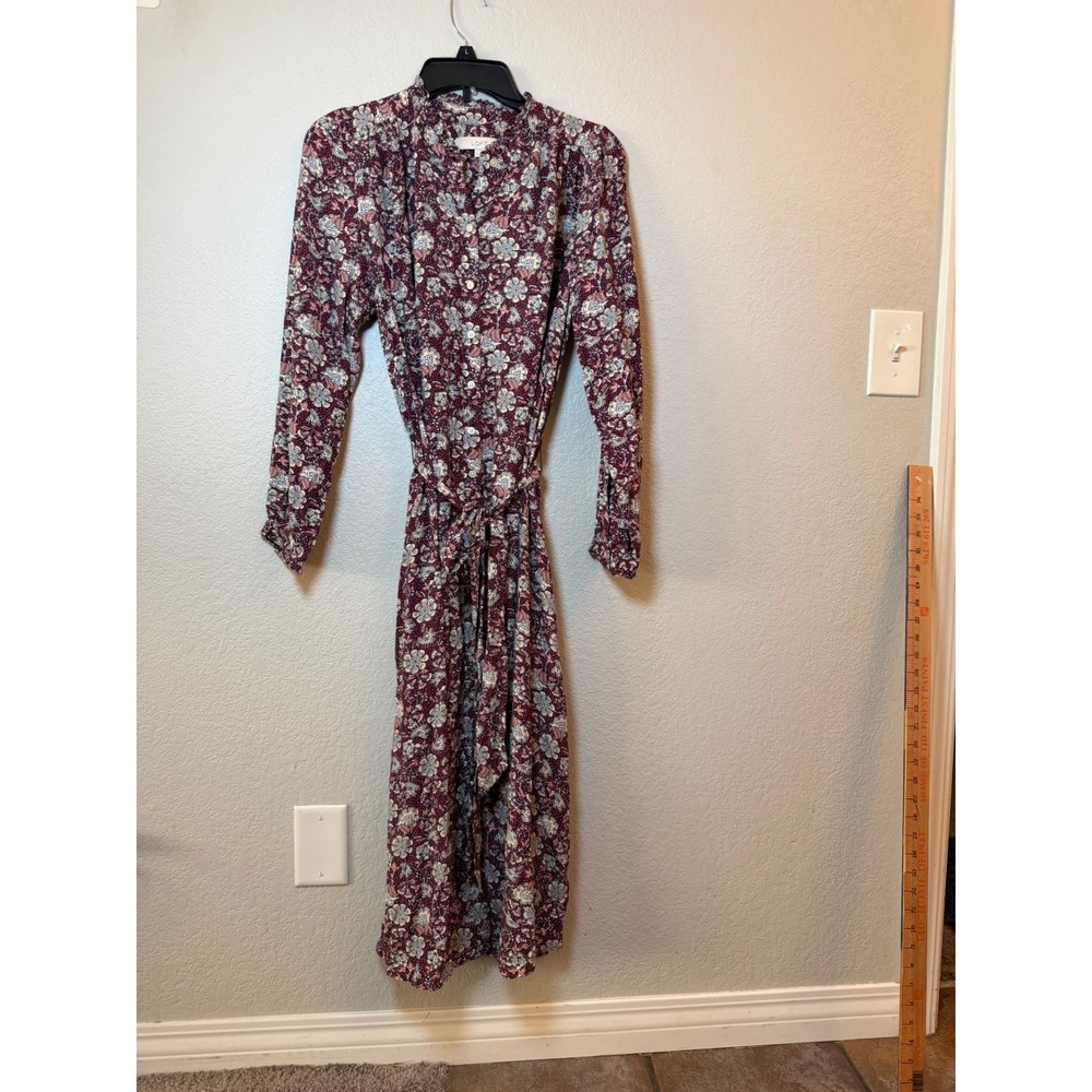 LOFT Burgundy Floral Midi Shirtdress Ruffle Neck Long Sleeve Belted Size M